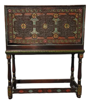 Antique Spanish Style Carved Vargueno Bargueno Drop Front Secretary Desk Cabinet