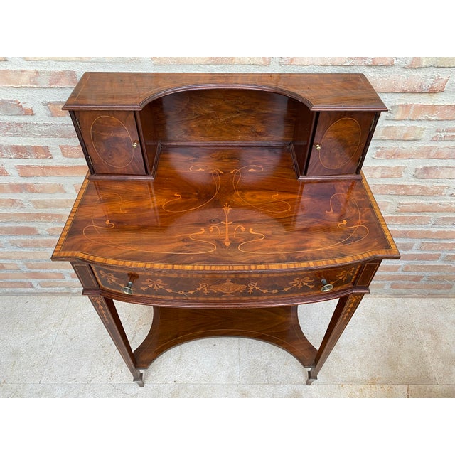Brown 1940s Pair of Neoclassical Marquetry Bedside Tables With Drawers and Upper Compartment For Sale - Image 8 of 18