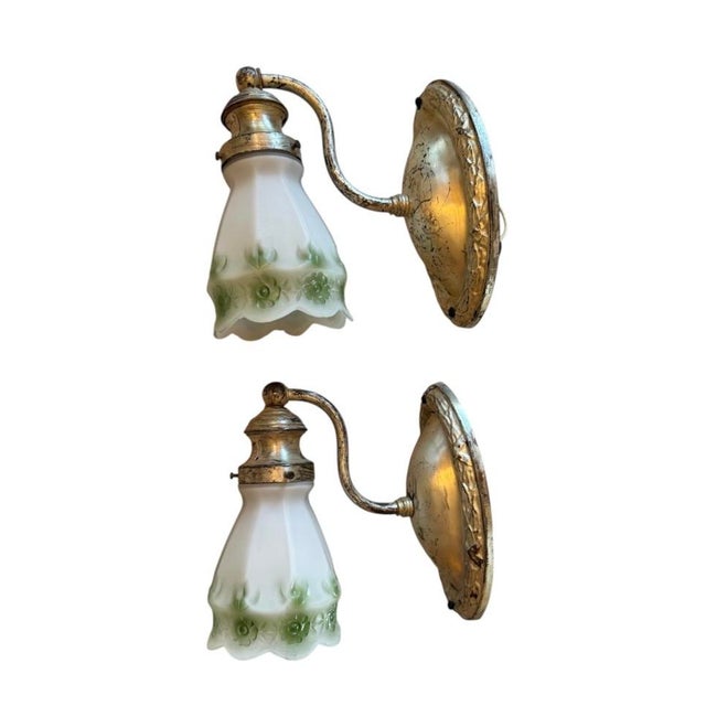 Early 20th Century Antique Silverplate Gooseneck Wall Sconccs With White and Green Flower Shades - a Pair For Sale - Image 5 of 8