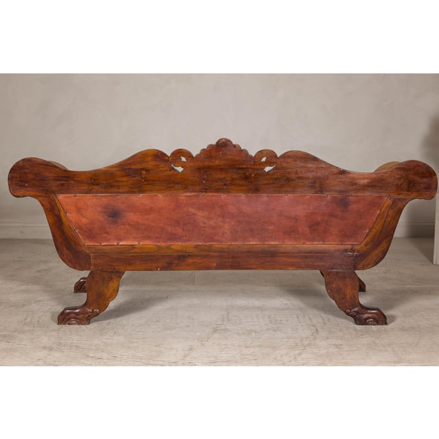 Traditional Antique Dutch Colonial Settee with Original Leather and Carved Wood Details For Sale - Image 3 of 12