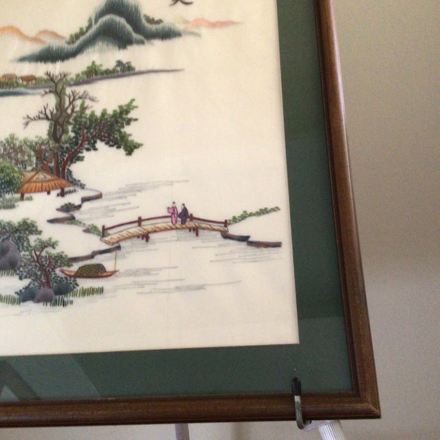 Wood 1970 Asian Silk Embroidery Landscape River Scene For Sale - Image 7 of 12