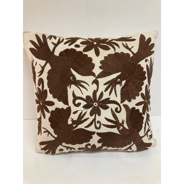 1970s Crewel Work Hand Embroidered Brown Birds Toss Pillow -2 For Sale - Image 5 of 11