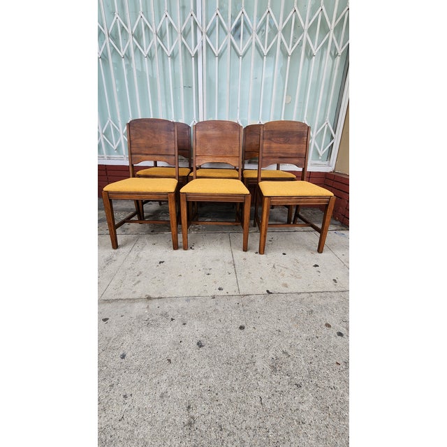 Mid-Century Modern Wood Dining Chairs With Yellow Upholstery For Sale In Los Angeles - Image 6 of 12