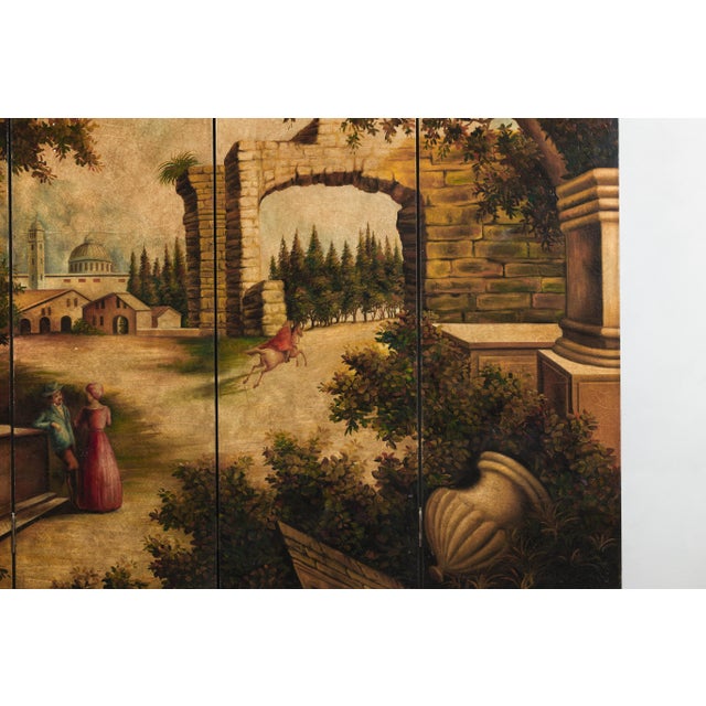 Hand-Painted Four-Panel Folding Screen with Architectural Landscape Scene For Sale In New York - Image 6 of 10