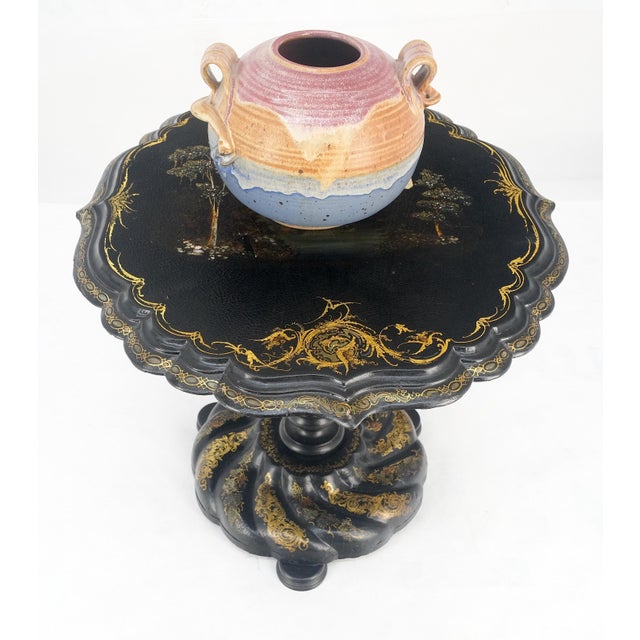 English Papier-Mache Black Gold Mother of Pearl Antique c1900s Lamp Table Clean! For Sale - Image 10 of 13