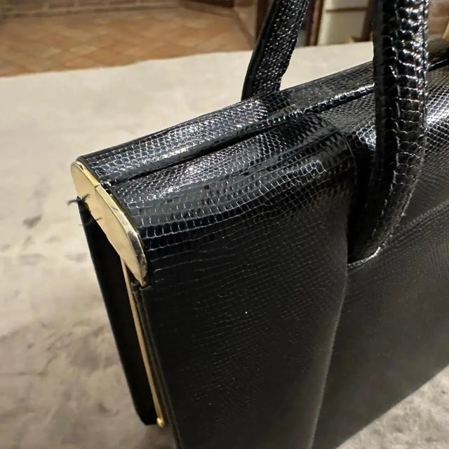 1950s 1950s High Quality Black Leather and Brass Hardware Italian Evening Bag For Sale - Image 5 of 18