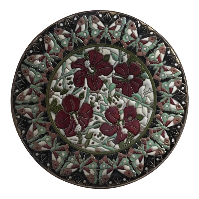 Hand Painted Floral Butterfly Cloisonné Decorative Plate For Sale
