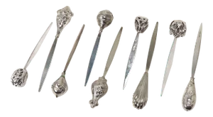 Set of 9 Vintage Mid Century Rhodium Plated Sterling Silver Cocktail - Hors d'Oeuvre - Cocktail Picks.
