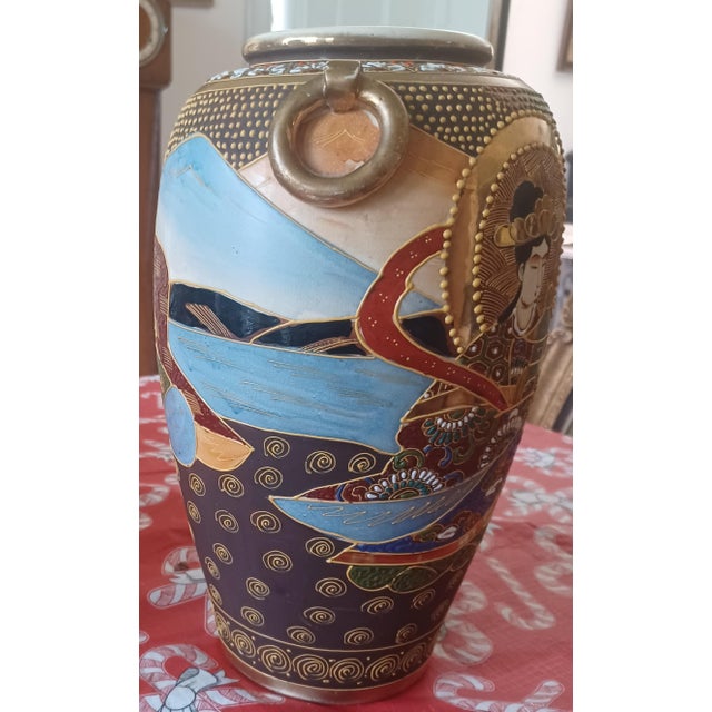 Japanese Vintage Japanese Satsuma Vase Hand Painted and Raised Enamel Moriage Designs For Sale - Image 3 of 6