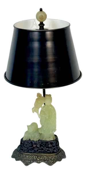 Chinese Carved Jadeite Guanyin with Cat, Mounted as a Lamp, Circa 1920s