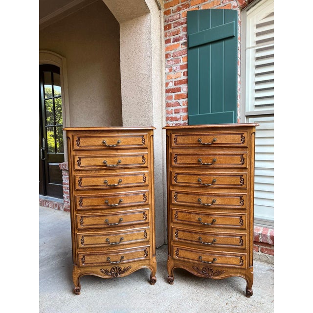 French Provincial Pair Vintage French Chests 7 Drawer Semainier Louis XV Style Carved Oak For Sale - Image 3 of 18