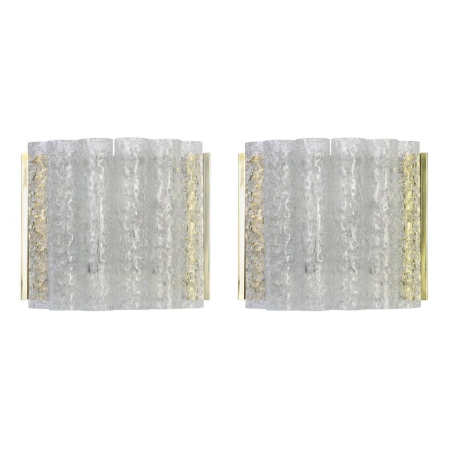 Brass Ice Glass Wall Sconces attributed to Doria, Germany, 1960s, Set of 2 For Sale