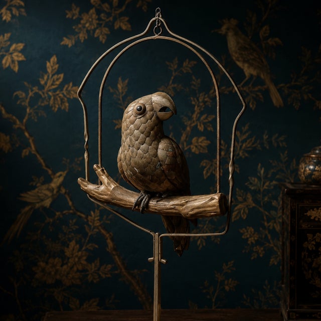Vintage Brass & Copper Parrot on Perch With Stand & Hoop, Attributed to S. Bustamonte For Sale - Image 9 of 10