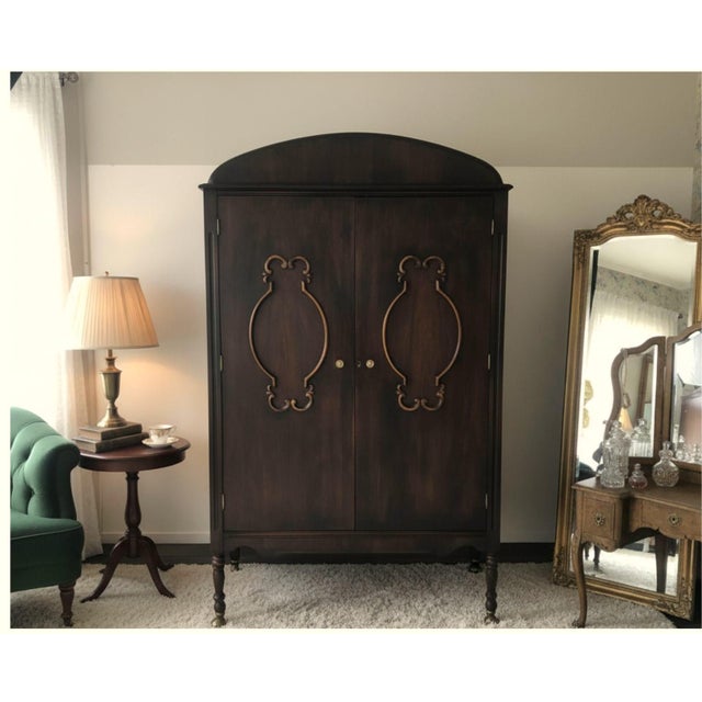 Antique Art Deco Mahogany Chifforobe — Cedar Lining, Carved Doors, Brass Casters, C. 1930s–1940s For Sale - Image 4 of 11