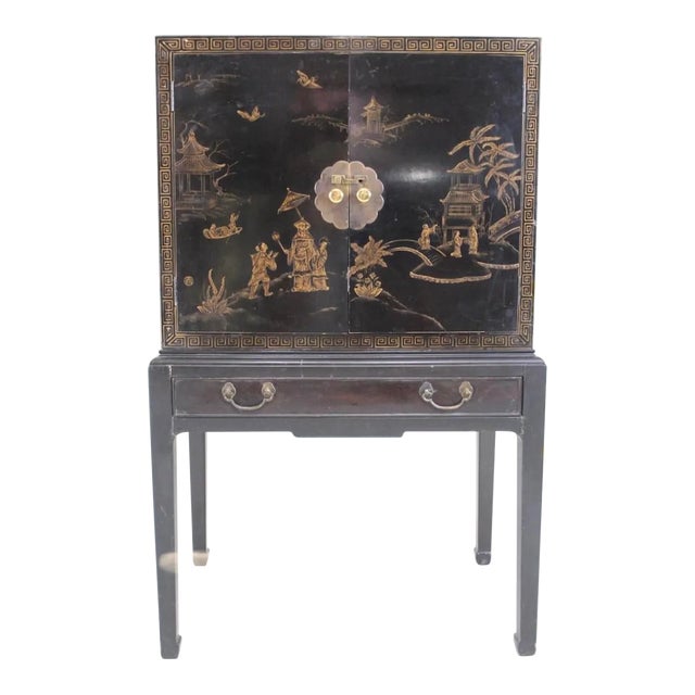 Henredon Black Lacquer Chinoiserie Chest on Stand Television Tv Cabinet Bar For Sale