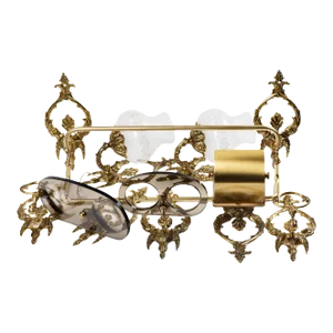 Vintage 1960s Brass Bathroom Hardware: Wall Sconces, Double Towel Bar, Paper Holder, Soap Dish, Toothbrush Holder, Coat Hooks - Set of 8