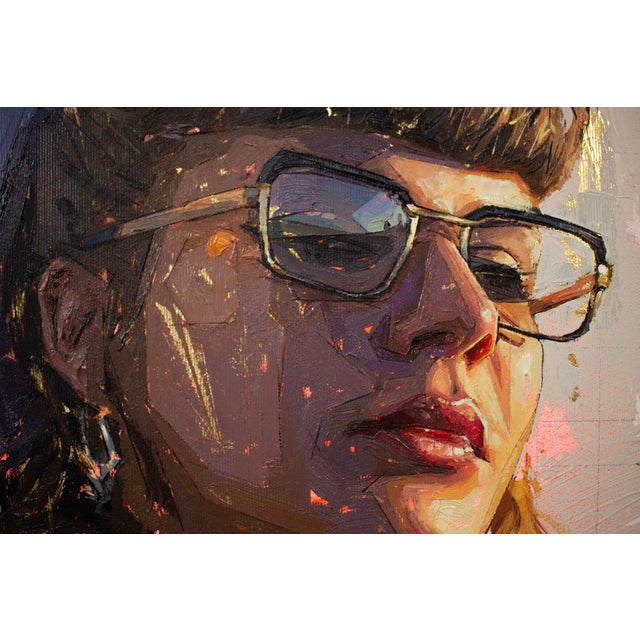 Contemporary 2/3 by Conrado López | Acrylic, gold leaf oil on canvas Portrait of a woman wearing glasses. For Sale - Image 3 of 3