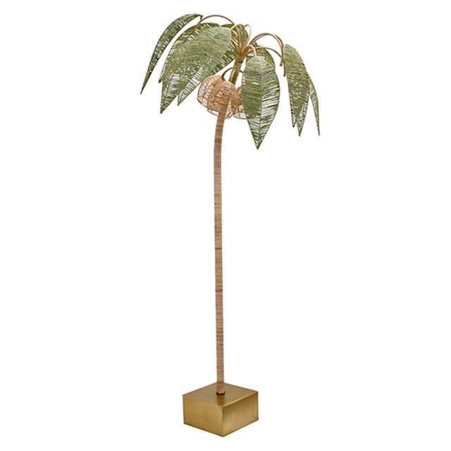 Contemporary Matthew Izzo Home Palmbeach Coco Green and Natural Paper Rafia Floor Lamp With Brass Details For Sale - Image 3 of 7