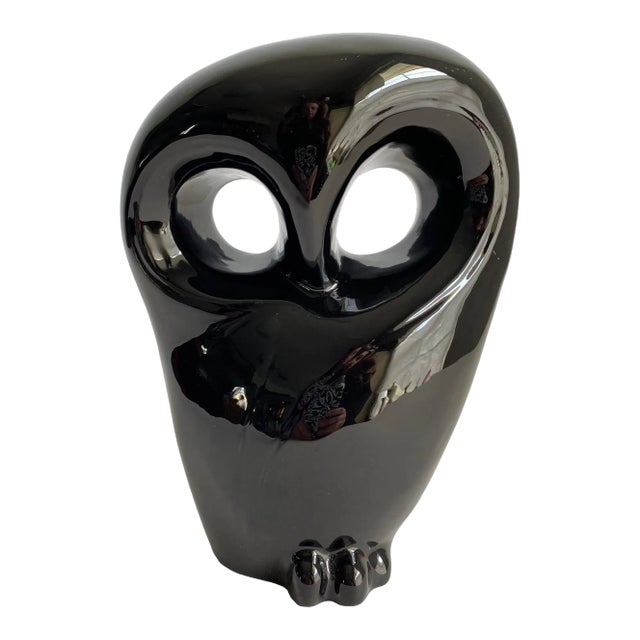 Mid Century Modern 1960s Black Ceramic Owl Statue For Sale