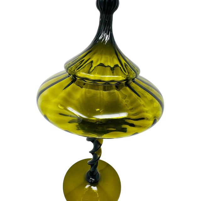 1960s Vintage 1960s Large Italian Empoli Olive Green Glass Circus Tent Lidded Compote For Sale - Image 5 of 13