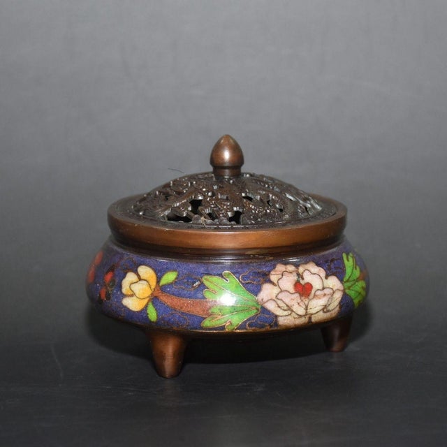 Asian Vintage Cloisonné Enamel Incense Burner With Floral Motif - Asian Censer For Sale - Image 3 of 9