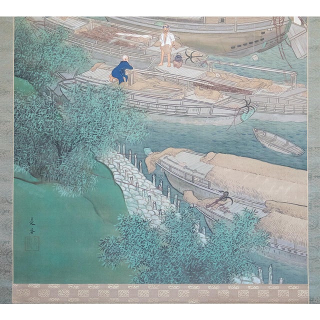 XXL "Fishing Village" by Yoshika, Taisho Japanese Silk Scroll Painting, in Original Wooden Case For Sale - Image 9 of 18