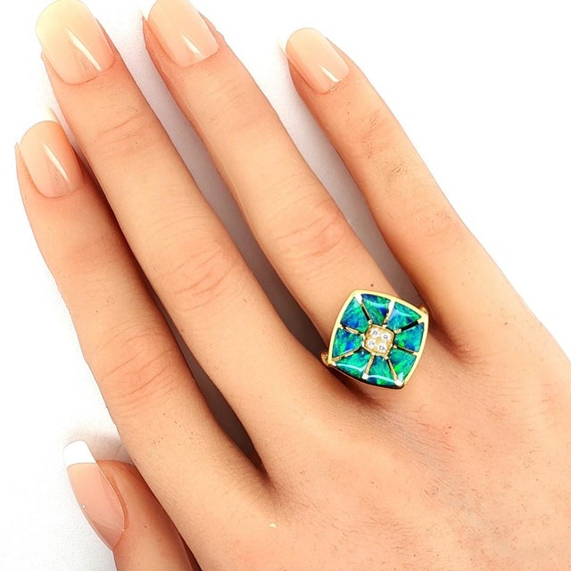Contemporary Mid 20th Century Kabana 14k Yellow Gold Fire Opal Inlay & Diamond Ring Size 7 For Sale - Image 3 of 9