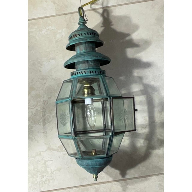 1950s Antique English Solid Brass & Glass Starburst Hanging Lantern - Pendant For Sale - Image 5 of 15