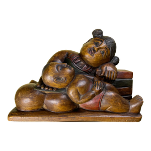 Exquisite Hand-Carved Teak Wood Sculpture: "Mother's Embrace" - A Symbol of Love