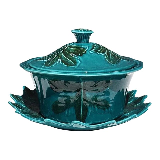 Green Polychrome Majolica Ceramic Serving Tureen Set California Pottery - Mid 20th Century For Sale