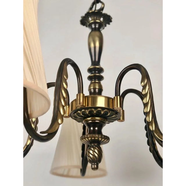Austrian Brass Chandelier with Five Silk Shades attributed to J.T. Kalmar, 1935 For Sale - Image 3 of 13