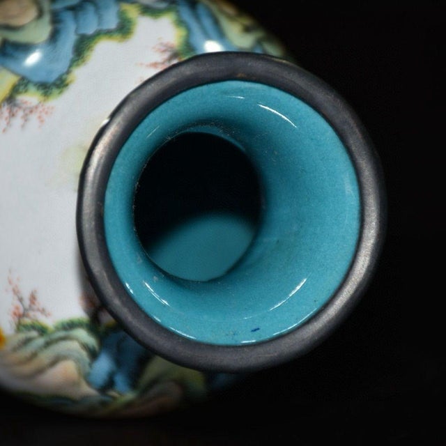 Paint Vintage Chinese Enameled "Landscape" Vase With Turquoise Base, "Qianlong" Mark - 623g For Sale - Image 7 of 9