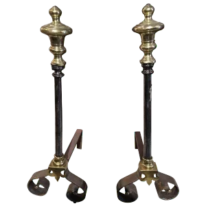Polished Iron and Brass Chenets or Andirons, 19th Century - a Pair