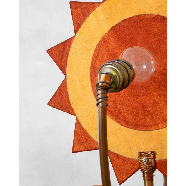 Wood and Brass Floor Lamp with Sun and Moon-Shaped Diffusers in the Style of Cordon Tones, 1980s For Sale - Image 5 of 8
