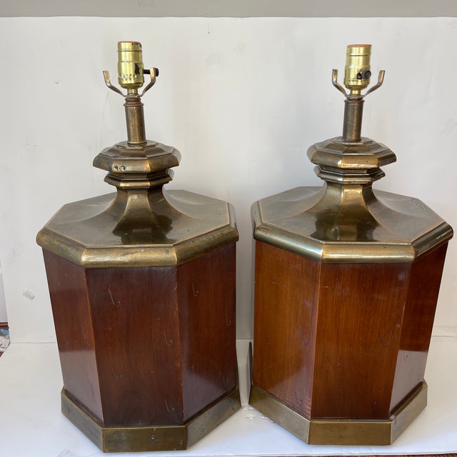 1960s Large Walnut and Brass Octagonal Shaped Lamps - a Pair For Sale - Image 13 of 13