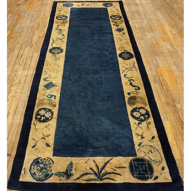 1920s 1920s Antique Blue Open Field Geometric Chinese Peking Handknotted Runner Rug For Sale - Image 5 of 9