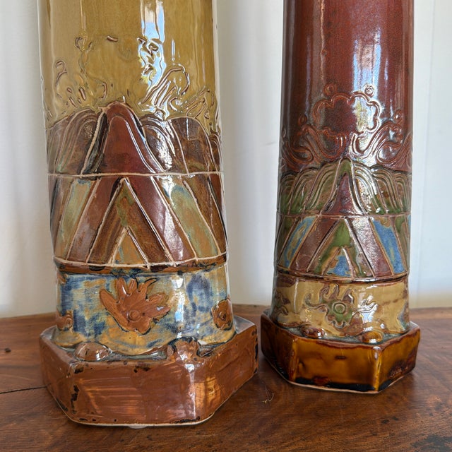 Mid 20th Century Mid 20th Century Pair of Monumental Asian-Inspired Glazed Ceramic Court Figures For Sale - Image 5 of 12