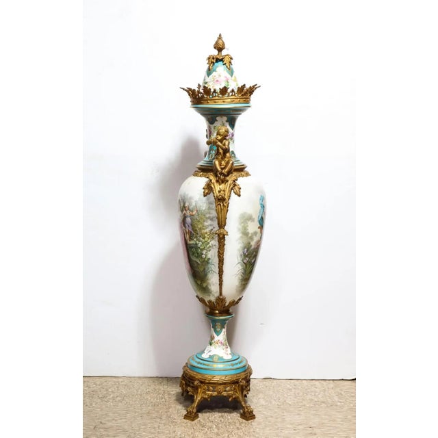 Mid 19th Century Palatial French Ormolu-Mounted Sevres Porcelain Hand-Painted Vase and Cover For Sale - Image 15 of 18