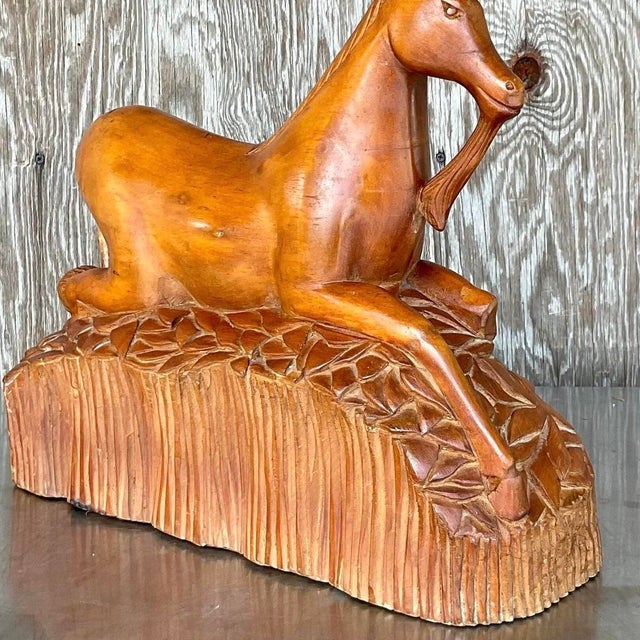 Vintage Boho Hand Carved Wood and Brass Unicorn For Sale - Image 10 of 12