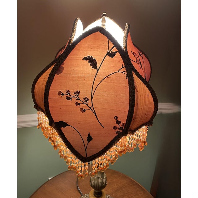 1970s Vintage Victorian Revival Table Lamp Heavy Brass Stone Base Amber Fringe Shade For Sale - Image 5 of 16