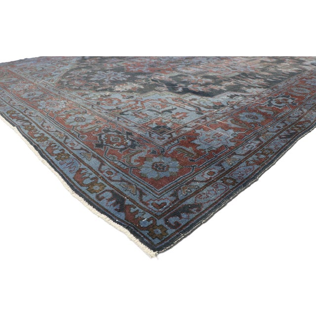 52839 Distressed Antique Overdyed Turkish Heriz Rug, 09'11 x 12'10. The Octagonal Sovereign: An Antique Turkish Heriz...