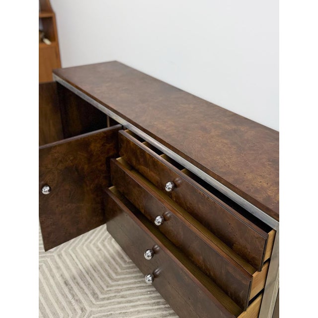 Mid 20th Century Tomlinson Burlwood Credenza Chrome Details Doors Drawers, Buffet, Console For Sale - Image 10 of 18