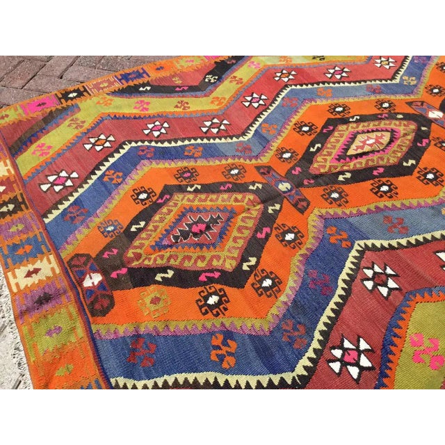 1960s Blue and Orange Vintage Turkish Kilim Rug - 64.5" X 110" For Sale - Image 5 of 10