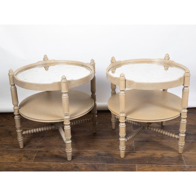Wood Pair of French Vintage Oak side Tables with Mirrored Tops and Turned Legs For Sale - Image 7 of 9