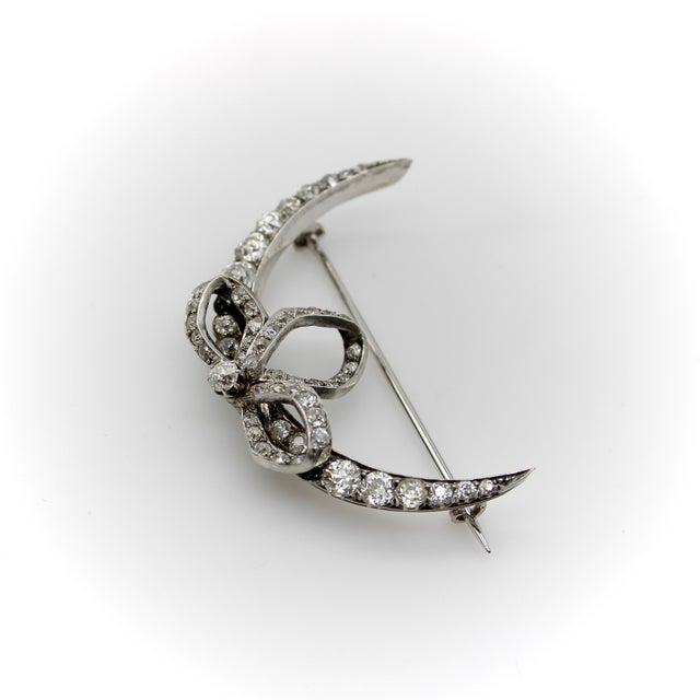 Victorian Early 20th Century Victorian Old Mine Cut Diamond Crescent Moon With Bow Brooch For Sale - Image 3 of 12