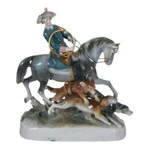 Mid 20th Century Royal Dux Bohemia Porcelain Equestrian Huntsman Fox Hunt Horse Dog Sculpture