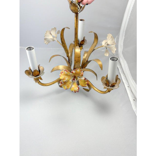 Early 20th Century Gold, Painted Floral 3-Light Chandelier For Sale - Image 4 of 6