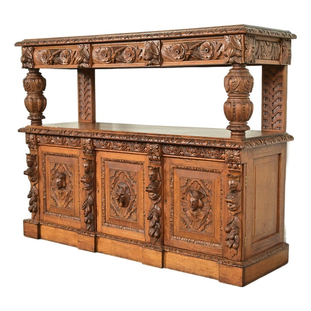 R. J. Horner Style Renaissance Revival Carved Oak Sideboard or Bar Cabinet, Circa 1890s For Sale