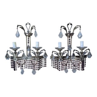 1940's Hollywood Regency Silvered Metal With Amethyst & Pink Cut Austrian Crystal Waterfall Wall Sconces a - Pair For Sale