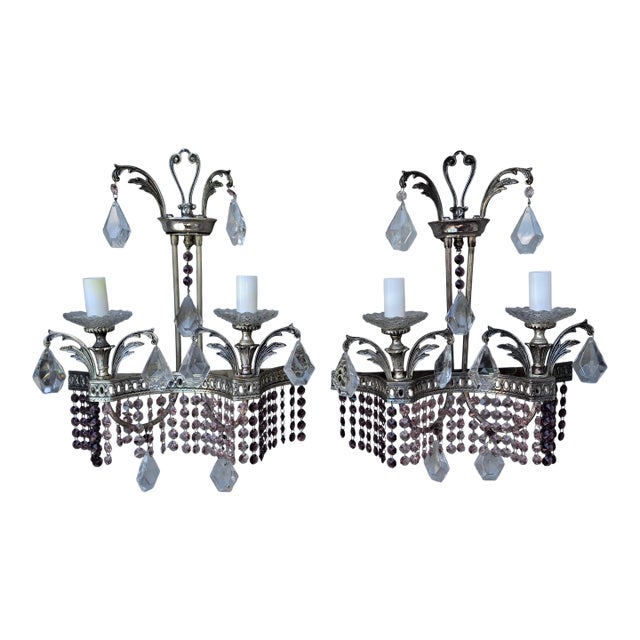 1940's Hollywood Regency Silvered Metal With Amethyst & Pink Cut Austrian Crystal Waterfall Wall Sconces a - Pair For Sale